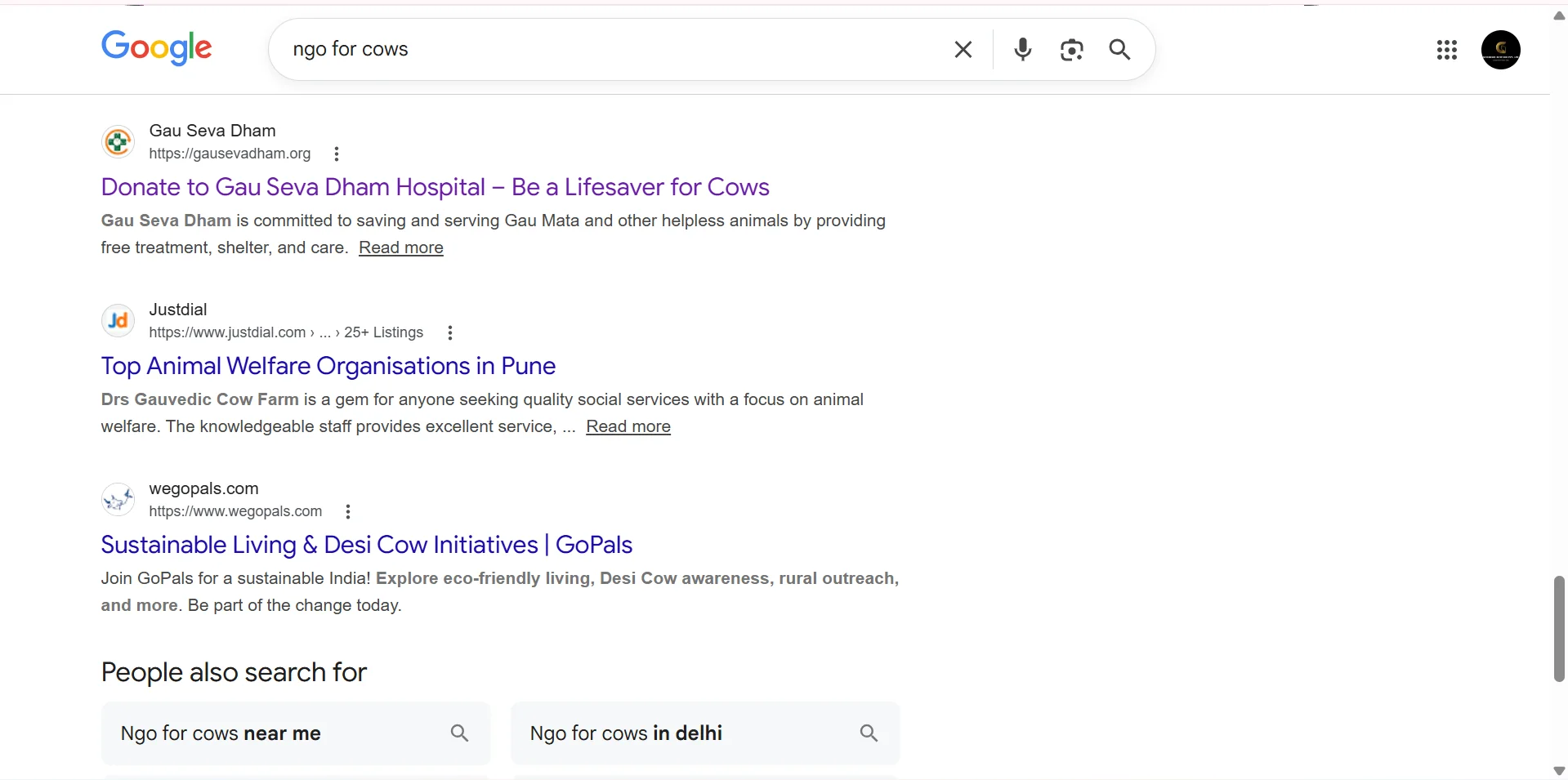 Gau Seva Dham ranking for "ngo for cows"