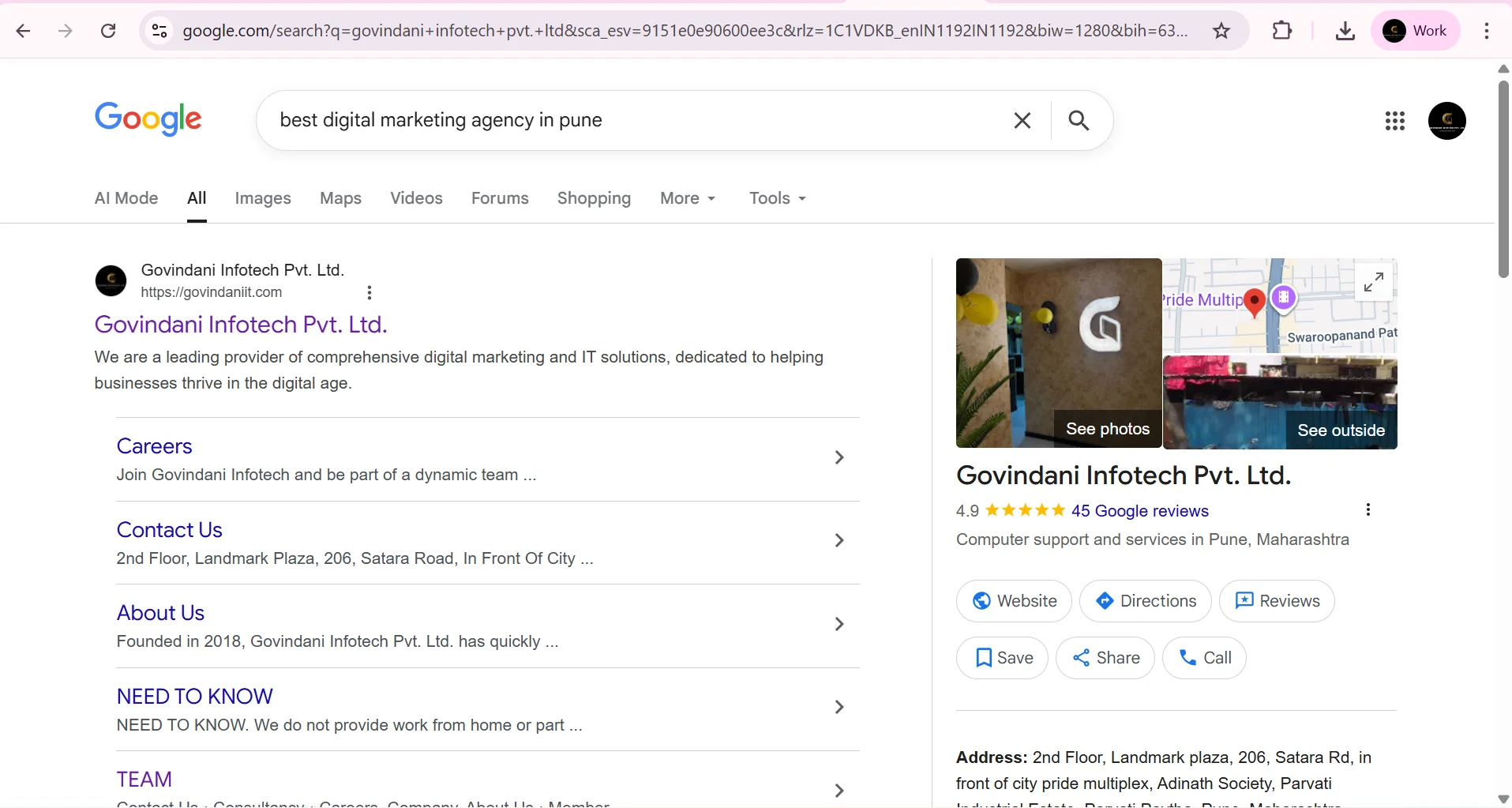 Govindani Infotech Pvt. Ltd. ranking for "best digital marketing agency in pune"